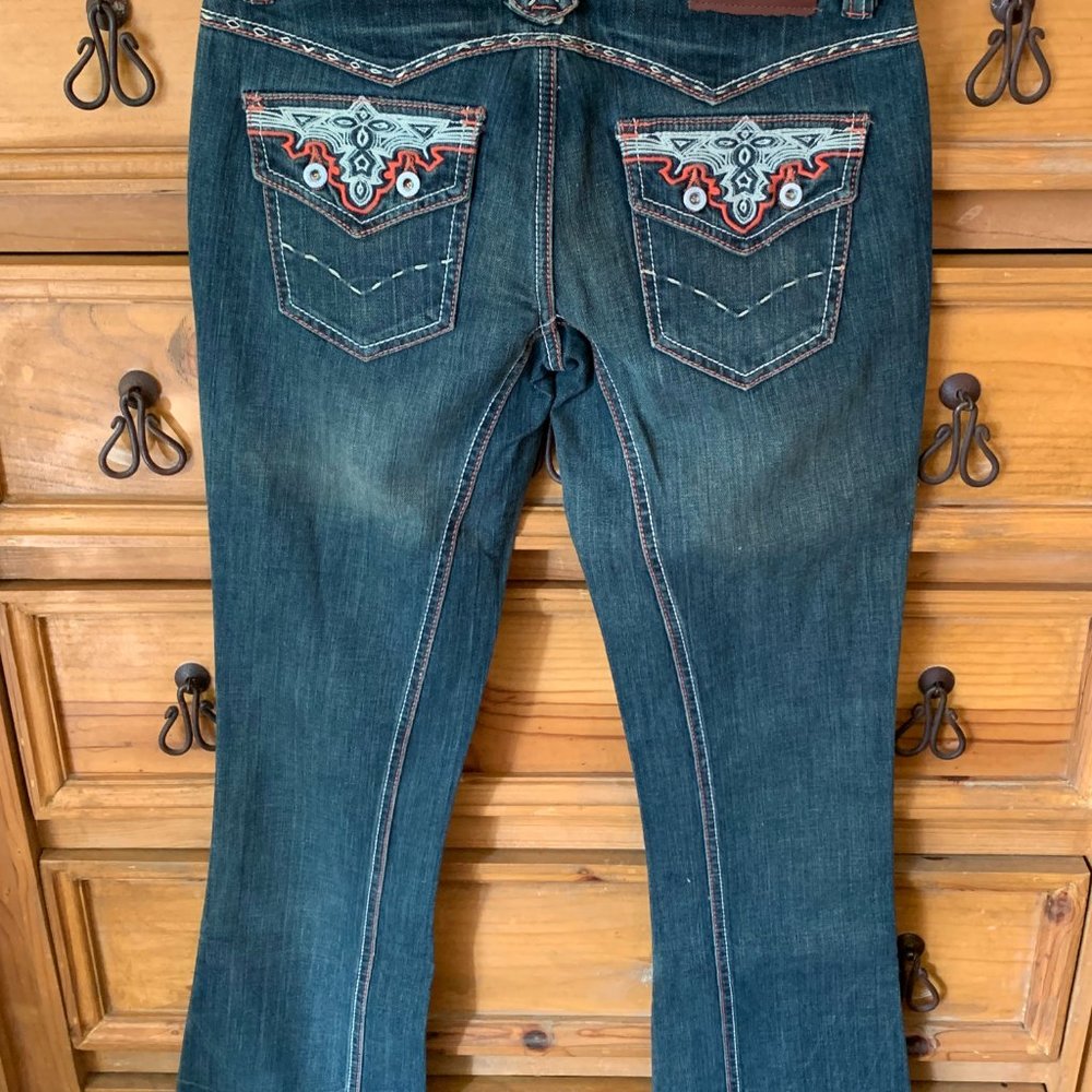 NEW! Antik Denim Indigo Low-Rise Jeans w/Salmon & White Stitching. Size 27.